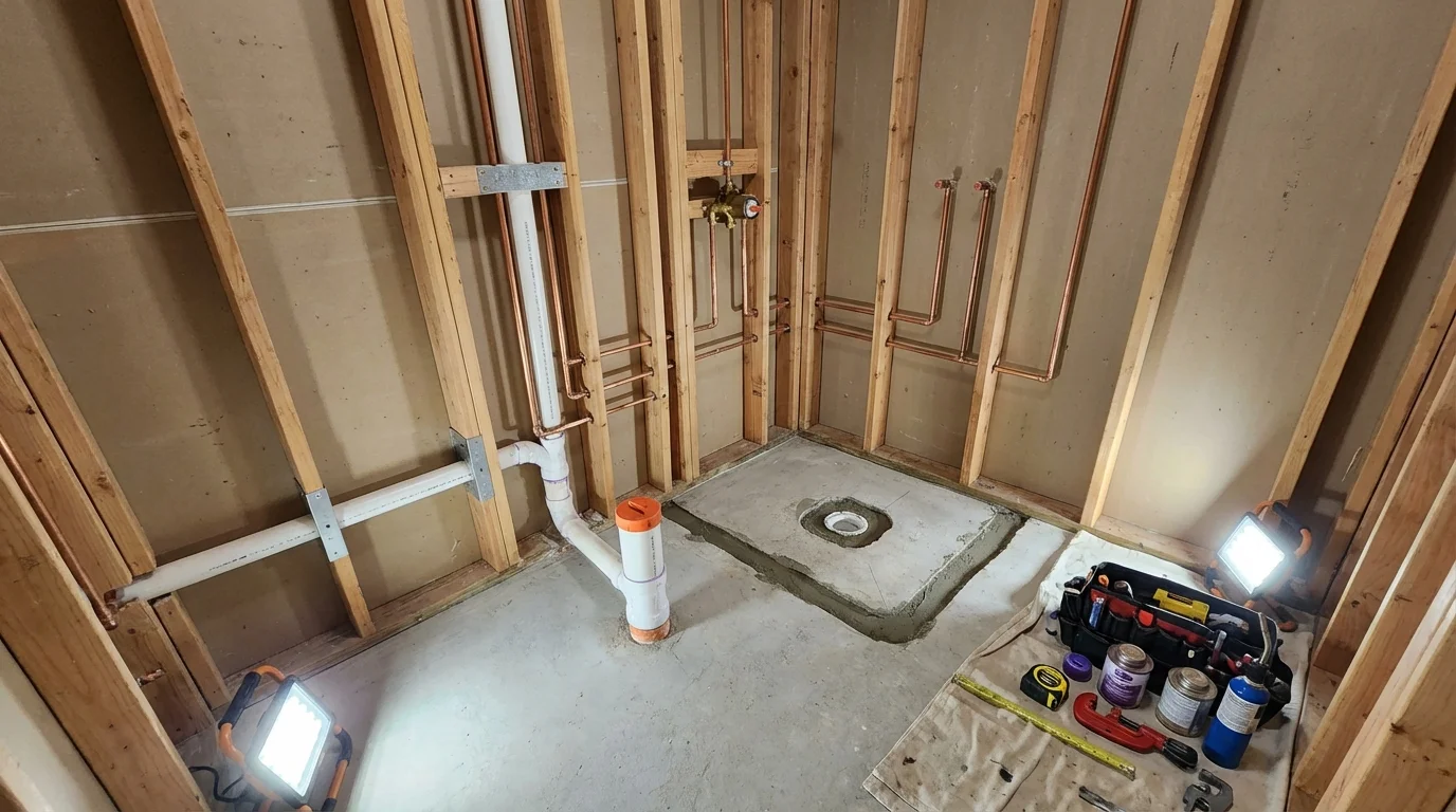 Bathroom rough-in plumbing during remodel by Johns Plumbing LLC in Hoboken