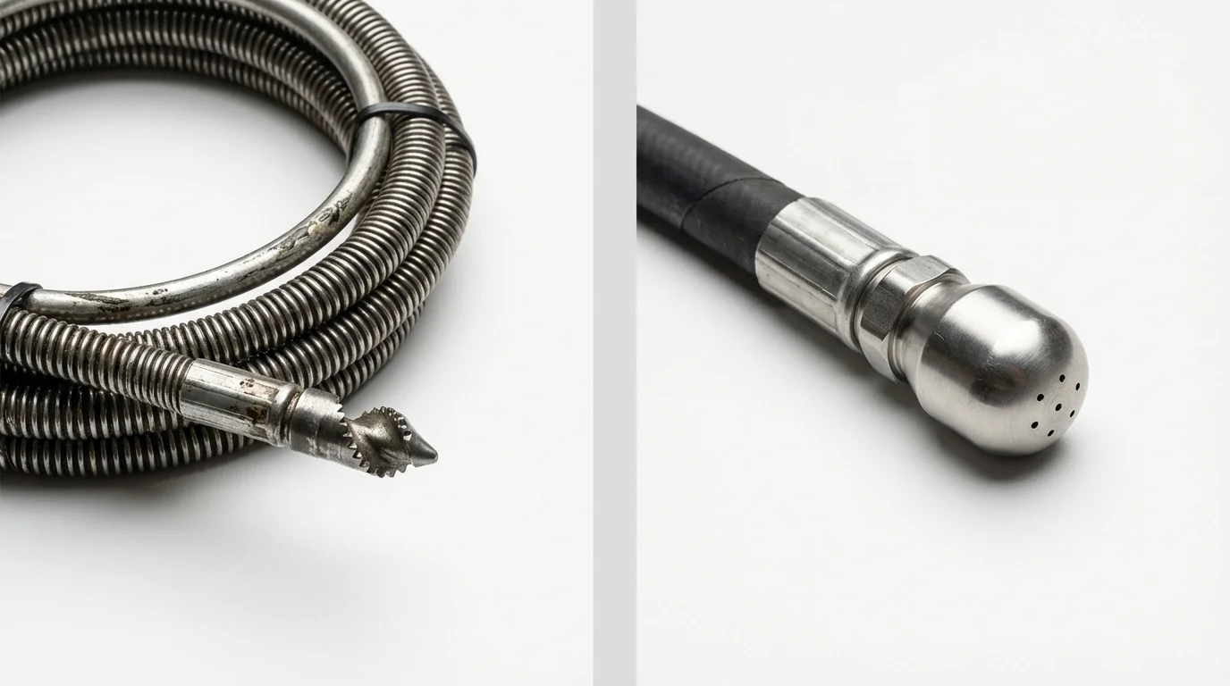 Drain snake cable and hydro jetting nozzle used for drain cleaning in Hoboken, NJ