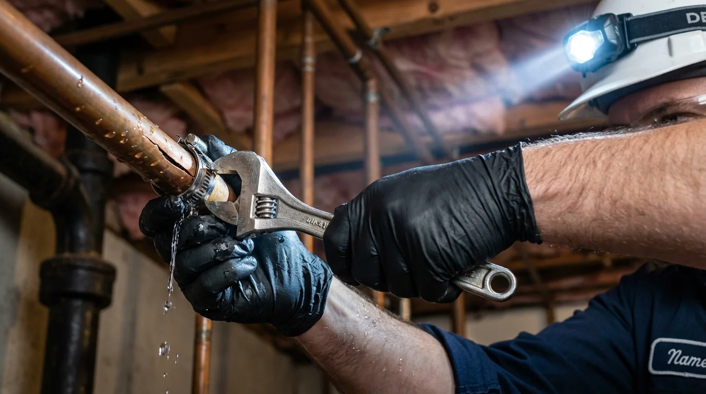 Emergency pipe clamp repair being performed by a Johns Plumbing LLC plumber in Hoboken