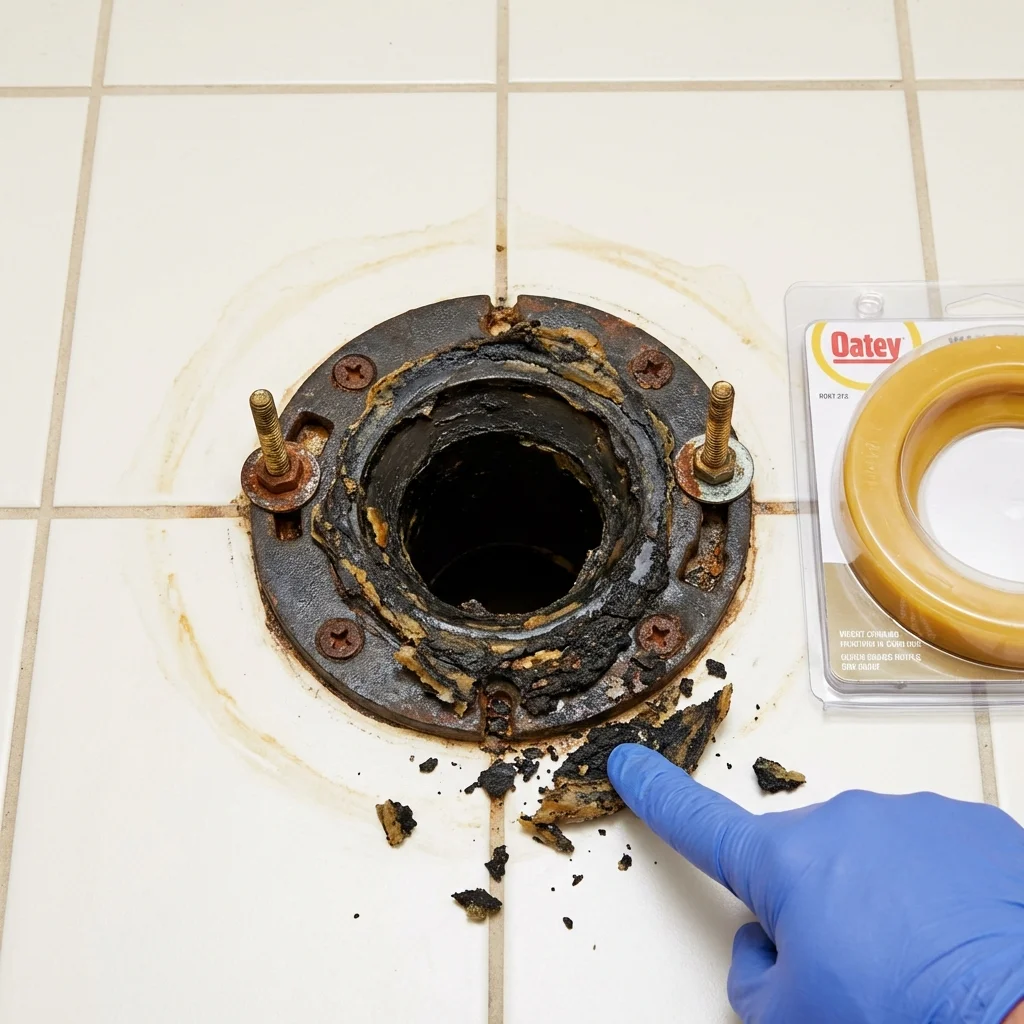 Failed wax ring showing water seepage at the base of a toilet in a Hoboken, NJ home